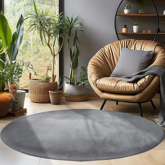 Kurzflorteppich Sky - Grau, Durchmesser: 120 cm, 100 % Polyester - Ein grauer runder Teppich liegt in einem gemütlichen Wohnzimmer mit einem Sessel und vielen Pflanzen.