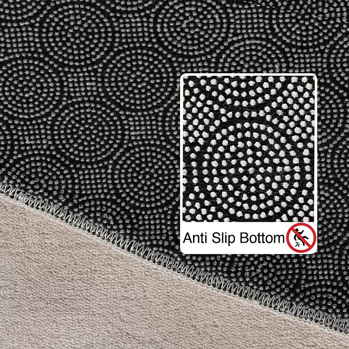 Kurzflorteppich Sky - Creme, Durchmesser: 200 cm, 100 % Polyester - Unterseite eines Teppichs mit schwarzen Antirutsch-Noppen und beigem Stoffrand, rutschfest.