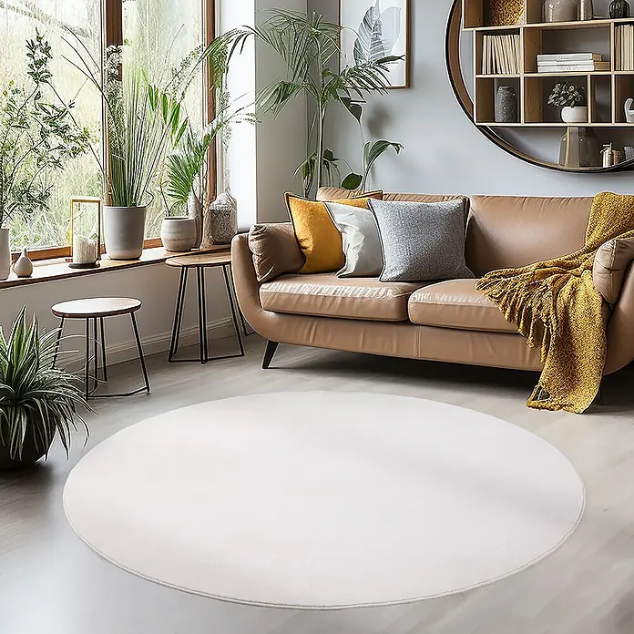 Kurzflorteppich Sky - Creme, Durchmesser: 200 cm, 100 % Polyester - Ein runder, weißer Teppich liegt im Wohnzimmer, der einen stilvollen Akzent setzt und Gemütlichkeit ausstrahlt.