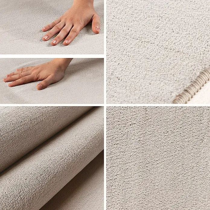 Kurzflorteppich Sky - Creme, Durchmesser: 200 cm, 100 % Polyester - Nahaufnahme eines beigen Teppichs, der die Textur und Weichheit des Materials hervorhebt.