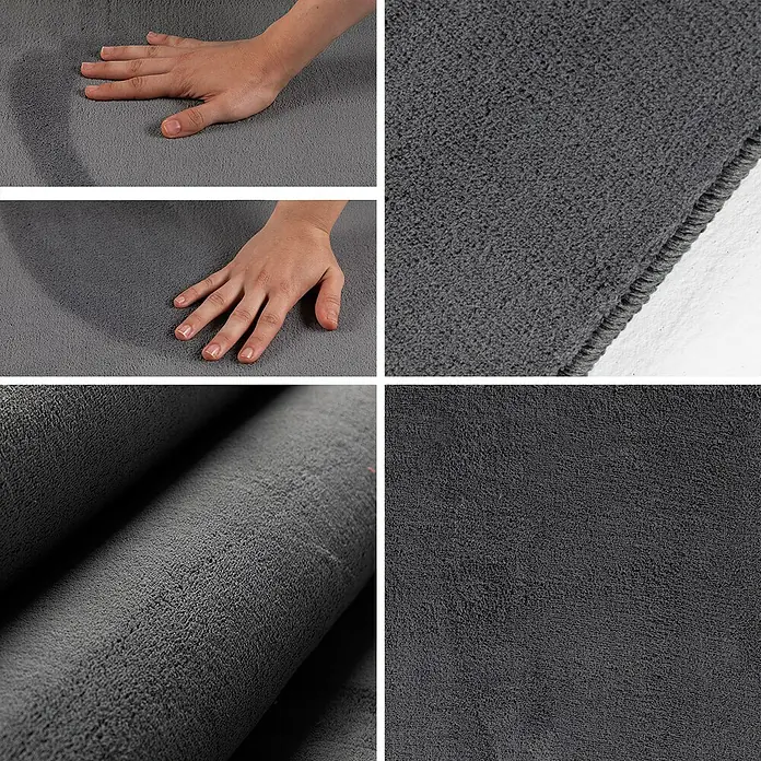 Kurzflorteppich Sky - Grau, Durchmesser: 120 cm, 100 % Polyester - Detailaufnahmen einer grauen Badematte, die ihre weiche Textur und hohe Saugfähigkeit hervorheben.