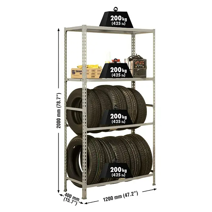Simonrack Simonauto Estantería para neumáticos Megaplus - Al x An x Pr: 200 x 120 x 40 cm, Capacidad de carga por viga: 180 kg, Número de baldas: 2 ud., Inserción, Gris - Ilustración de una estantería gris de alta resistencia con cuatro estantes, cargada con varios objetos y neumáticos, incluyendo indicaciones de peso.