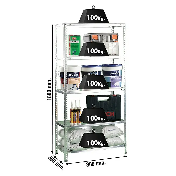 Simonrack Simonclassic Estantería metálica Comfort Mini - Al x An x Pr: 180 x 80 x 30 cm, Capacidad de carga por balda: 100 kg, Número de baldas: 5 ud., Atornillado, Galvanizado - Una estantería robusta de cinco niveles cargada con varios productos, cada estante con una capacidad de carga de 100 kg.