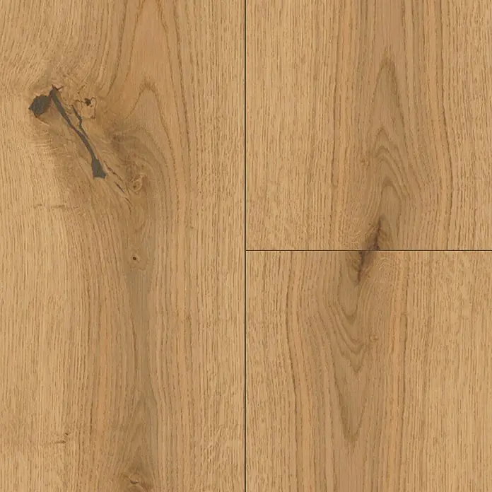 Parador Parkettmuster Basic 11.5 Character Eiche Chianti leicht geweißt - 200 x 185 x 11,5 mm, Landhausdiele - Nahaufnahme eines Holzfußbodens mit Maserung und Astlöchern, ideal für rustikale Innenräume.