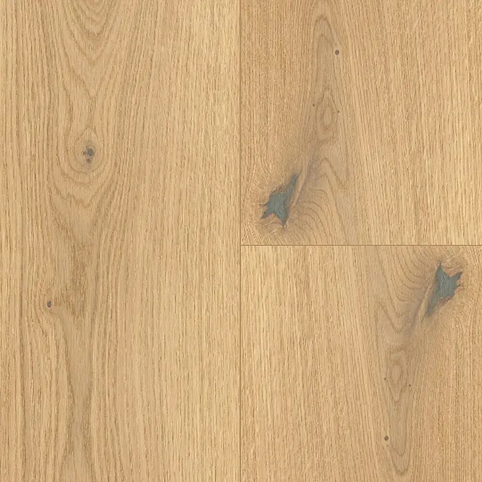 Parador Parkettmuster Classic 3060 Rustikal Eiche Pure - 200 x 185 x 13 mm, Landhausdiele - Nahaufnahme eines Holzdielenbodens mit Maserung und Astlöchern, die dem Holz Charakter verleihen. Die Oberfläche ist matt und natürlich.