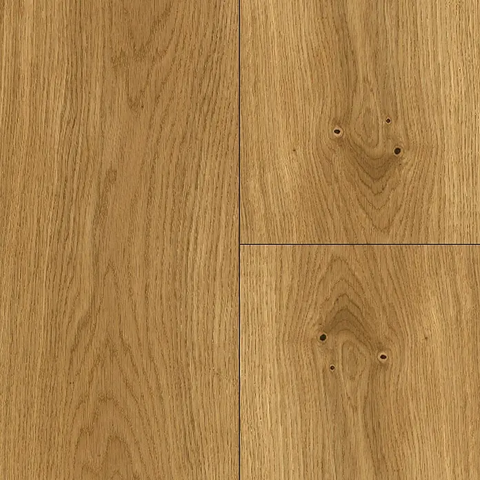 Parador Parkettmuster Classic 3060 Natur Eiche II - 200 x 185 x 13 mm, Landhausdiele - Nahaufnahme von drei verriegelten Holzpaneelen mit sichtbarer Maserung und Astlöchern, die die natürliche Holzstruktur hervorheben.