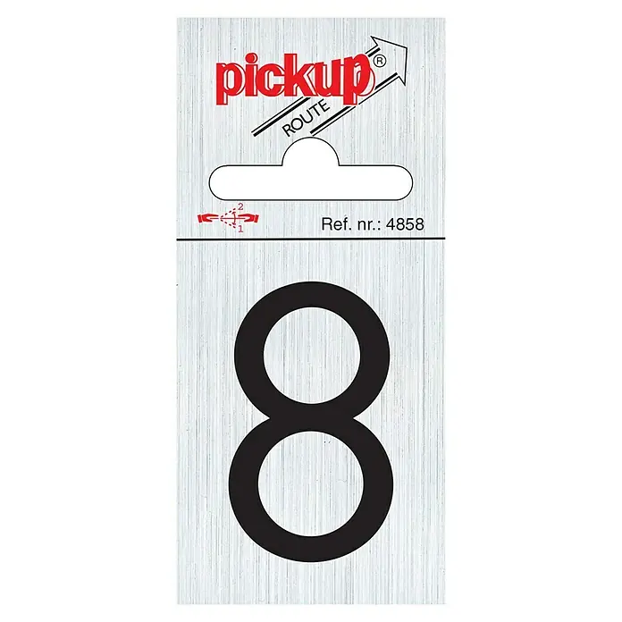 Pickup Aufkleber - Motiv: 8, L x B: 6 x 4,4 cm - Produktabbildung einer schwarzen Hausnummer Acht (8) von Pickup Route auf einer silbernen Verpackung mit Montageanleitung.