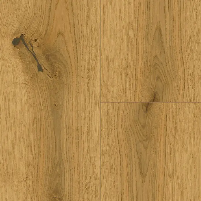 Parador Parkett Basic 11.5 - Eiche Chianti natur, Landhausdiele, 2.200 x 185 x 11,5 mm - Nahaufnahme eines Laminatbodens in Holzoptik mit Astloch, der eine warme und natürliche Atmosphäre vermittelt.