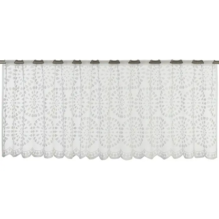 Elbersdrucke Bistrogardine Circolo - B x H: 160 x 45 cm, 100 % Polyester, Grafisch, Weiß - Eine weiße, transparente Gardine mit einem durchbrochenen, runden Muster hängt an einer silberfarbenen Gardinenstange mit Ösen.
