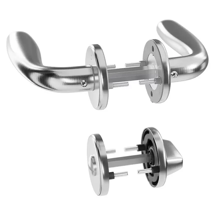 Hoppe Drückergarnitur WC Cardiff - Stärke Tür: 42 mm - 37 mm, Edelstahl, Schlitzkopf/Olive, Form Schild: Rund - Zerlegtes Chrom-Türgriff-Set mit sichtbarem internem Montagesystem.