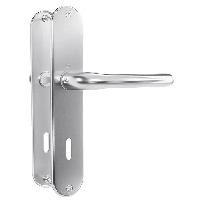 Hoppe Drückergarnitur Cardiff - Stärke Tür: 42 mm - 37 mm, Edelstahl, Buntbart, Form Schild: Oval - Silberne Türklinke aus Metall mit langem Schild.