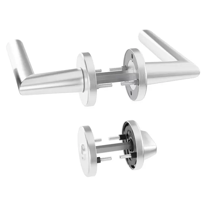 Hoppe Zimmertürgarnitur WC Stockholm - Stärke Tür: 37 mm - 42 mm, Aluminium, Schlitzkopf/Olive - Zerlegtes silbernes Metall-Türdrückerset, das seinen inneren Vierkantstift und Montagematerial zeigt.