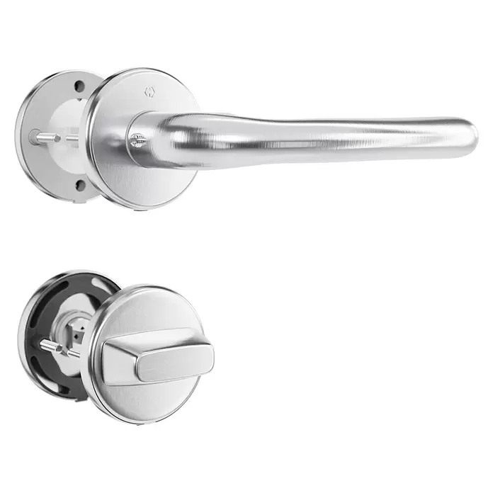 Hoppe Drückergarnitur WC Cardiff - Stärke Tür: 42 mm - 37 mm, Edelstahl, Schlitzkopf/Olive, Form Schild: Rund - Silbernes, gebürstetes Metall-Türdrücker- und Drehknopfgarnitur.