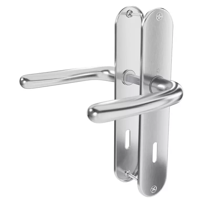 Hoppe Drückergarnitur Cardiff - Stärke Tür: 42 mm - 37 mm, Edelstahl, Buntbart, Form Schild: Oval - Silberfarbener metallischer Türbeschlag mit langen Platten.