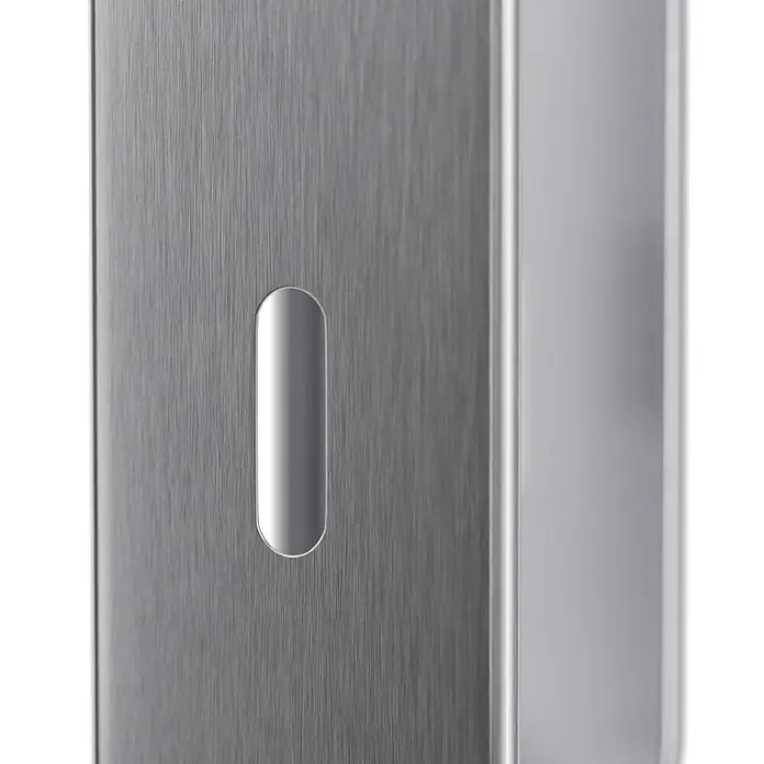 Hoppe Drückergarnitur Cardiff - Stärke Tür: 42 mm - 37 mm, Edelstahl, Buntbart, Form Schild: Oval - Detailaufnahme eines eleganten Seifenspenders aus gebürstetem Edelstahl mit Füllstandsanzeige. Das minimalistische Design passt perfekt in moderne Badezimmer.