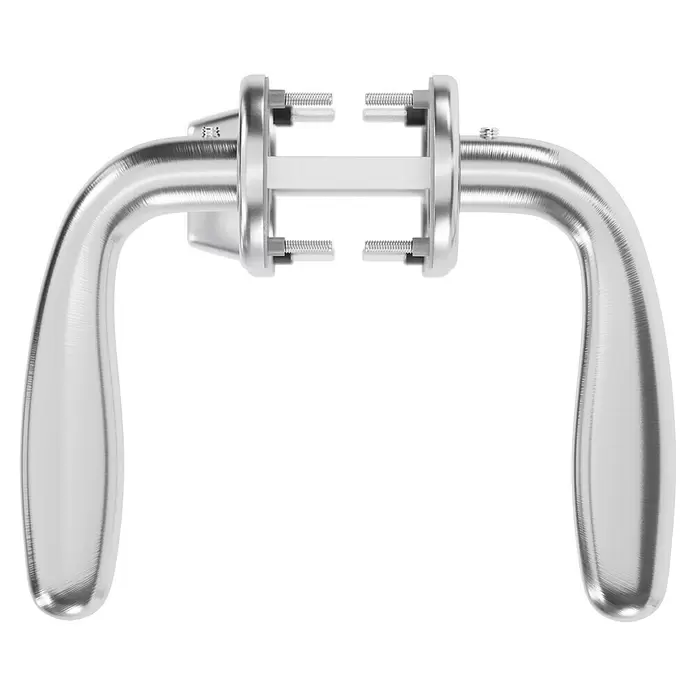 Hoppe Drückergarnitur WC Cardiff - Stärke Tür: 42 mm - 37 mm, Edelstahl, Schlitzkopf/Olive, Form Schild: Rund - Gebürsteter silberner Metall-Türdrücker mit sichtbarem Befestigungsmechanismus.