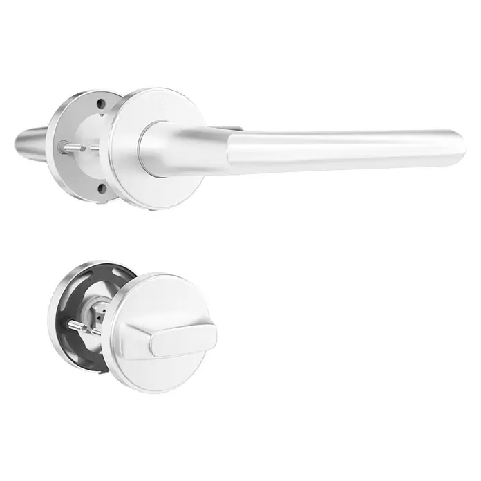 Hoppe Zimmertürgarnitur WC Stockholm - Stärke Tür: 37 mm - 42 mm, Aluminium, Schlitzkopf/Olive - Silbernes Türgriffset aus gebürstetem Metall mit Hebelgriff und Drehknauf, demontiert.