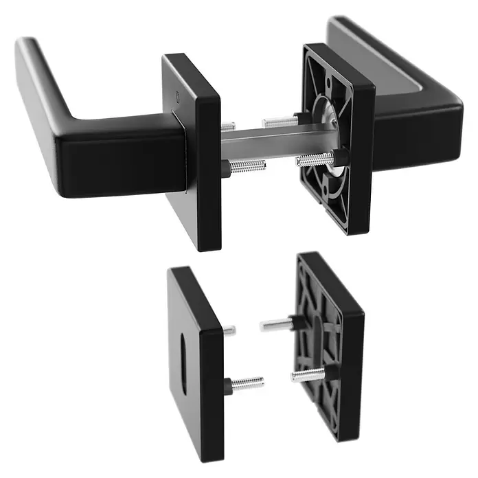 Hoppe Zimmertürgarnitur Dublin - Stärke Tür: 42 mm - 37 mm, Aluminium, Schwarz, Buntbart - Schwarzes Türgriffset, teilweise zerlegt, mit Montageplatten und Innenteilen.