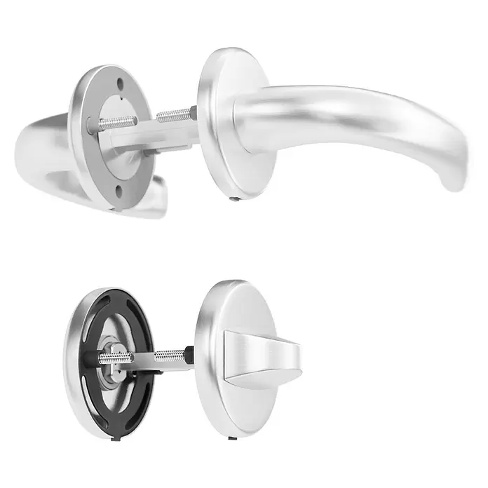 Hoppe WC-Drückergarnitur WC Tokyo - Schlitzkopf/Olive, Aluminium, Rosette - Demontierter Türgriff aus gebürstetem Metall, der die Befestigungsteile zeigt.