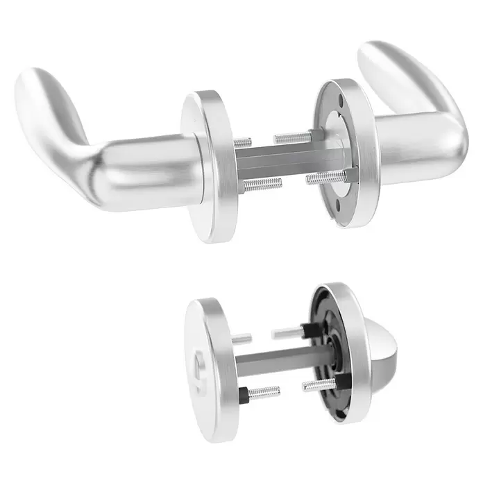 Hoppe Zimmertürgarnitur WC Verona - Stärke Tür: 42 mm - 37 mm, Aluminium, Schlitzkopf/Olive - Zerlegtes silbernes Türgriffset, das die interne Spindel und Befestigungsschrauben zeigt.
