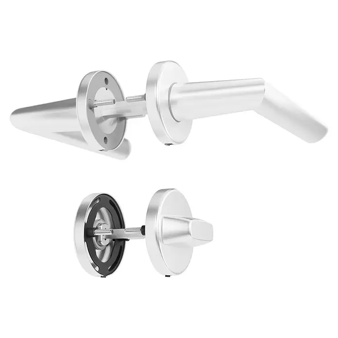 Hoppe Zimmertürgarnitur WC Stockholm - Stärke Tür: 37 mm - 42 mm, Aluminium, Schlitzkopf/Olive - Demontierte Türgriffe aus gebürstetem Silbermetall, Spindel und Befestigungsmechanismen zeigend.