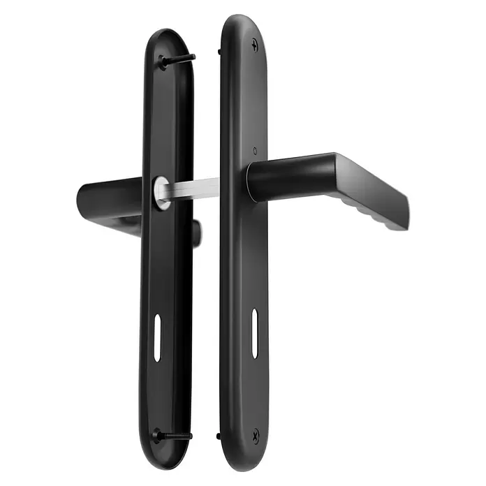 Hoppe Zimmertürgarnitur Hamburg - Stärke Tür: 42 mm - 37 mm, Aluminium, Buntbart - Mattschwarzes Türbeschlag-Set, bestehend aus zwei getrennten Platten, einer mit Griff und Vierkantstift, der anderen mit Befestigungselementen.
