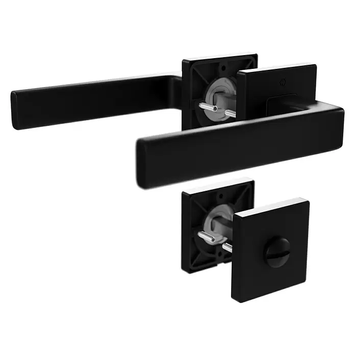 Hoppe Zimmertürgarnitur WC Dublin - Stärke Tür: 42 mm - 37 mm, Aluminium, Schwarz, Schlitzkopf/Olive - Zwei moderne schwarze Türgriffe mit quadratischer Rosette, zerlegt zur Ansicht der internen Montageteile und des Vierkants.