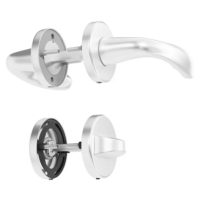 Hoppe Zimmertürgarnitur WC New York - Stärke Tür: 42 mm - 37 mm, Aluminium, Silber, Schlitzkopf/Olive - Türgriffe aus gebürstetem silberfarbenem Metall, demontiert zur Ansicht der Montagehardware.