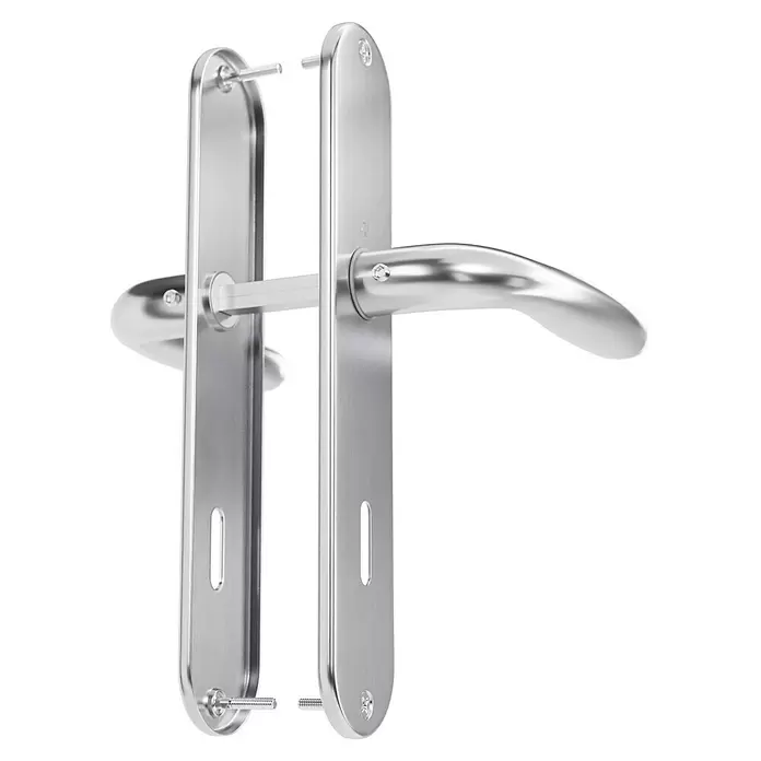Hoppe Zimmertürgarnitur Narvik - Stärke Tür: 42 mm - 37 mm, Edelstahl, Buntbart - Set aus gebürsteten Metall-Türgriffen mit Platten, Vierkantstift und Schrauben, bereit zur Montage.