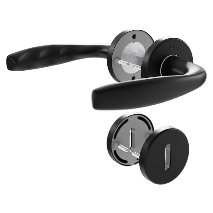 Hoppe Zimmertürgarnitur New York - Stärke Tür: 42 mm - 37 mm, Aluminium, Schwarz, Buntbart - Mattschwarzes Türgriffset und passendes Schlüsselrosettenpaar, demontiert mit sichtbaren Befestigungsschrauben und Vierkantstift/Schlüsselloch.