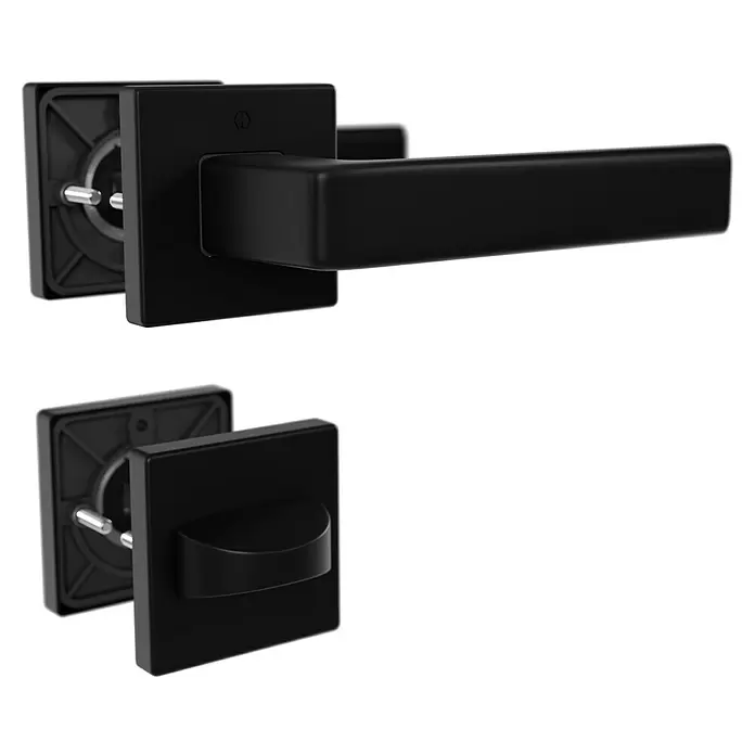 Hoppe Zimmertürgarnitur WC Dublin - Stärke Tür: 42 mm - 37 mm, Aluminium, Schwarz, Schlitzkopf/Olive - Mattes schwarzes Vierkant-Türgriffset mit Hebel und Drehknopf-Privatsphäreverschluss.