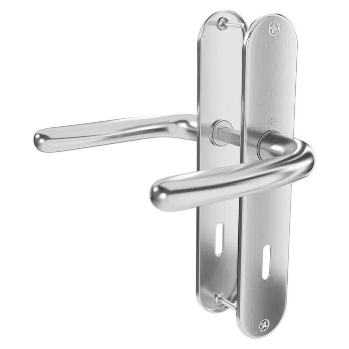Hoppe Zimmertürgarnitur Narvik - Stärke Tür: 42 mm - 37 mm, Edelstahl, Buntbart - Silberfarbener, gebürsteter Metall-Türgriff mit zwei Hebeln und Langschildern, für Standard-Türschlösser.