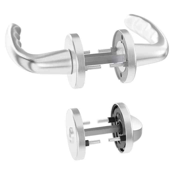 Hoppe Zimmertürgarnitur WC New York - Stärke Tür: 42 mm - 37 mm, Aluminium, Silber, Schlitzkopf/Olive - Zerlegtes Türgriff-Set aus gebürstetem Silbermetall, zeigt Innenkomponenten und Befestigungsschrauben.