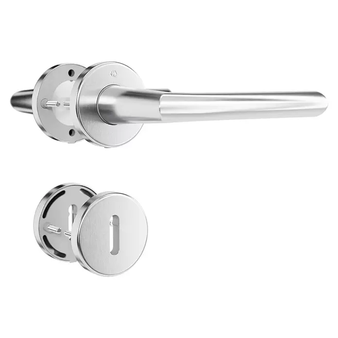 Hoppe WC-Drückergarnitur Stockholm - Stärke Tür: 37 mm - 42 mm, Edelstahl, Buntbart - Zerlegter Türdrücker und passendes Schlüsselschild aus gebürstetem Silbermetall.