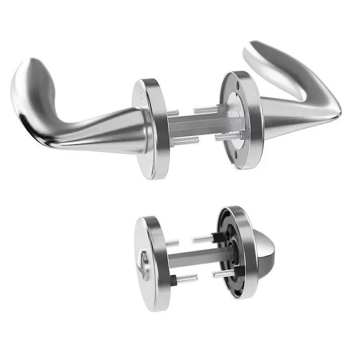 Hoppe Zimmertürgarnitur WC Vitoria - Stärke Tür: 42 mm - 37 mm, Aluminium, Schlitzkopf/Olive - Zerlegtes silbernes Metall-Türgriffset mit Innenteilen und Schrauben.