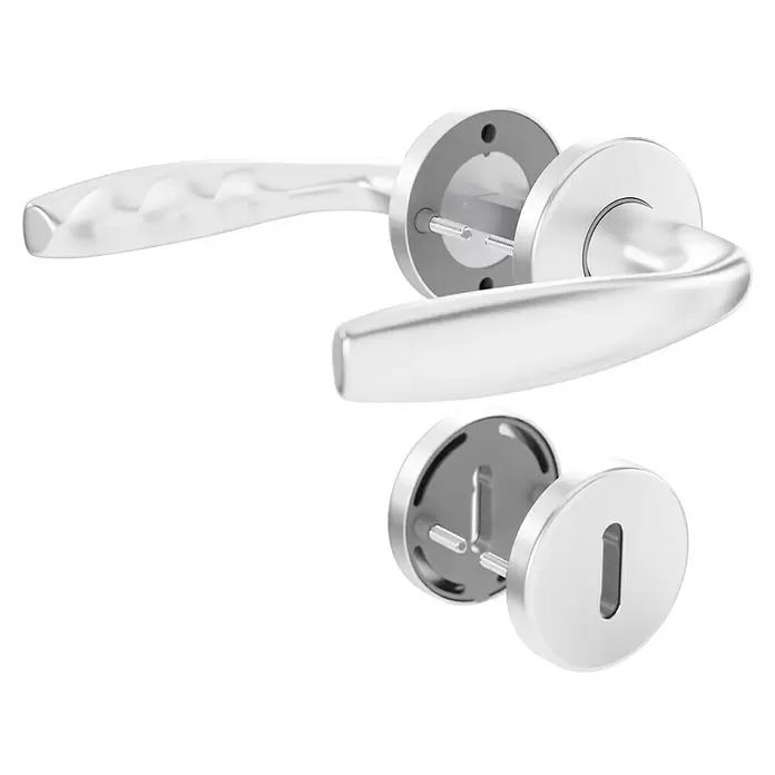 Hoppe Zimmertürgarnitur New York - Stärke Tür: 42 mm - 37 mm, Aluminium, Silber, Buntbart - Silberne Türgriffe und Schlüsselloch, zerlegt mit sichtbaren Befestigungsteilen.