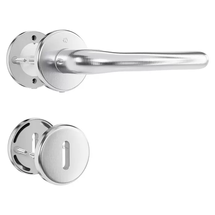 Hoppe Drückergarnitur Cardiff - Stärke Tür: 42 mm - 37 mm, Edelstahl, Buntbart, Form Schild: Rund - Gebürsteter Metall-Türdrücker und passendes Schlüssellochschild.
