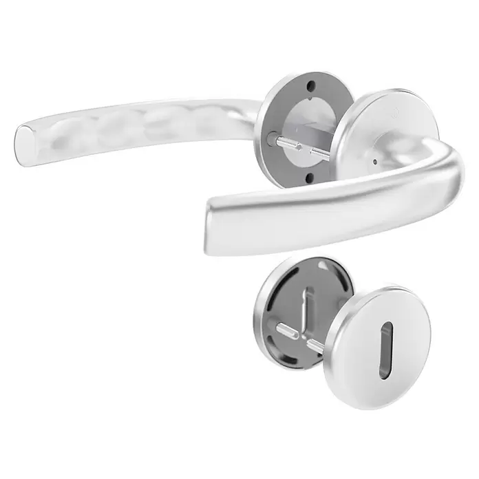 Hoppe Drückergarnitur Tokyo - Stärke Tür: 42 mm - 37 mm, Aluminium, Buntbart, Form Schild: Rund - Silberne Metall-Türgriffe und ein Schlüsselloch-Schild, teilmontiert zur Darstellung der Befestigung.