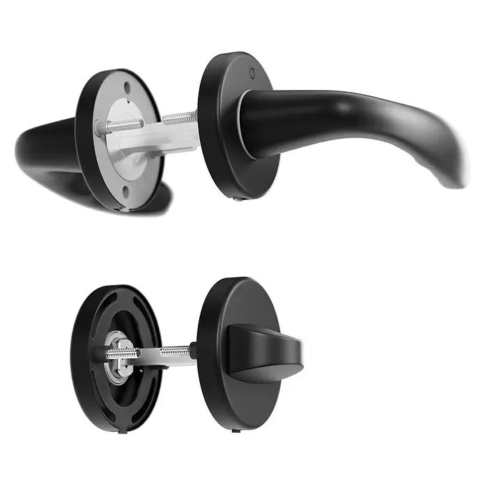 Hoppe Zimmertürgarnitur WC New York - Stärke Tür: 42 mm - 37 mm, Aluminium, Schwarz, Schlitzkopf/Olive - Schwarzer Türgriff zerlegt, zeigt Montageplatten und Verbindungsstangen.