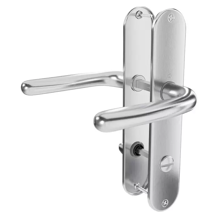 Hoppe Drückergarnitur WC Cardiff - Stärke Tür: 42 mm - 37 mm, Edelstahl, Schlitzkopf/Olive, Form Schild: Oval - Gebürstete Edelstahl-Türgriffe auf Langschildern.