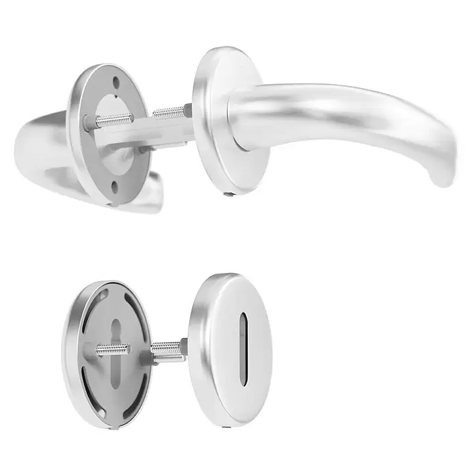 Hoppe Drückergarnitur Tokyo - Stärke Tür: 42 mm - 37 mm, Aluminium, Buntbart, Form Schild: Rund - Gebürsteter silberner Türgriff und Schlüssellochrosette mit sichtbarer Befestigungsmechanik.
