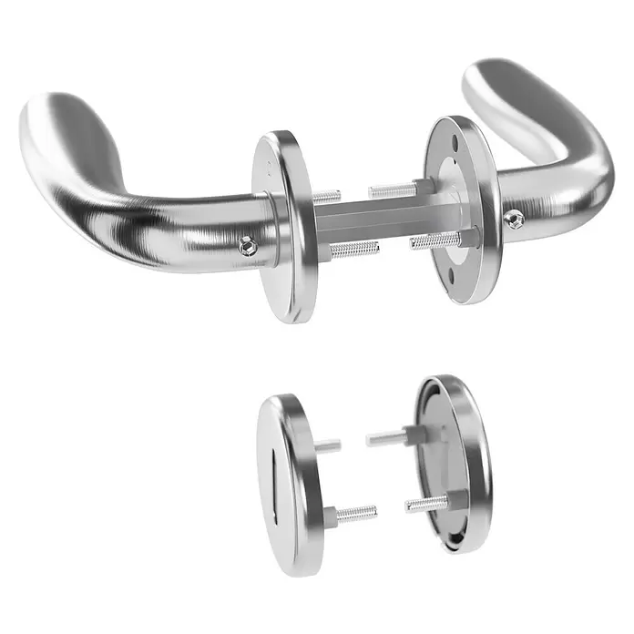 Hoppe Drückergarnitur Cardiff - Stärke Tür: 42 mm - 37 mm, Edelstahl, Buntbart, Form Schild: Rund - Zerlegtes silbernes Türgriff-Set, bestehend aus zwei Hebelgriffen, zwei Rosetten und Montagematerial.