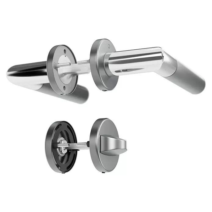 Hoppe Zimmertürgarnitur WC Lecce - Stärke Tür: 42 mm - 37 mm, Aluminium, Schlitzkopf/Olive - Zerlegtes Türgriffset aus silbernem Metall mit Drücker und Drehknauf, zeigt Innenkomponenten.