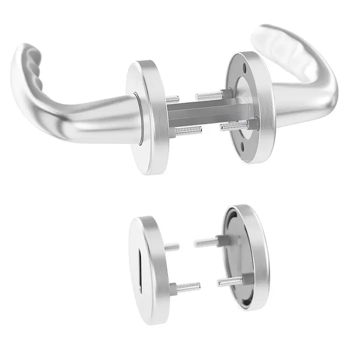 Hoppe Zimmertürgarnitur New York - Stärke Tür: 42 mm - 37 mm, Aluminium, Silber, Buntbart - Demontierte silberne Metalltürgriffe und Schlüsselrosetten mit Innenteilen wie Schrauben und Federn.