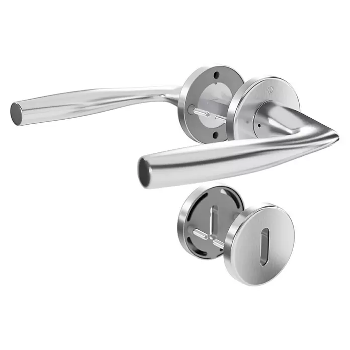 Hoppe Zimmertürgarnitur Vitoria - Stärke Tür: 42 mm - 37 mm, Aluminium, Buntbart - Gebürsteter Metalltürgriff-Satz mit passendem Schlüssellochschild, demontiert zur Darstellung der Komponenten.