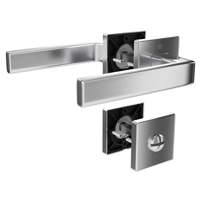 Hoppe Zimmertürgarnitur WC Dublin - Stärke Tür: 42 mm - 37 mm, Aluminium, Silber, Schlitzkopf/Olive - Zwei moderne silberne Türgriffe mit quadratischen Rosetten, zeigen Hebel, Drehverschluss und interne Spindel mit Befestigungsschrauben.