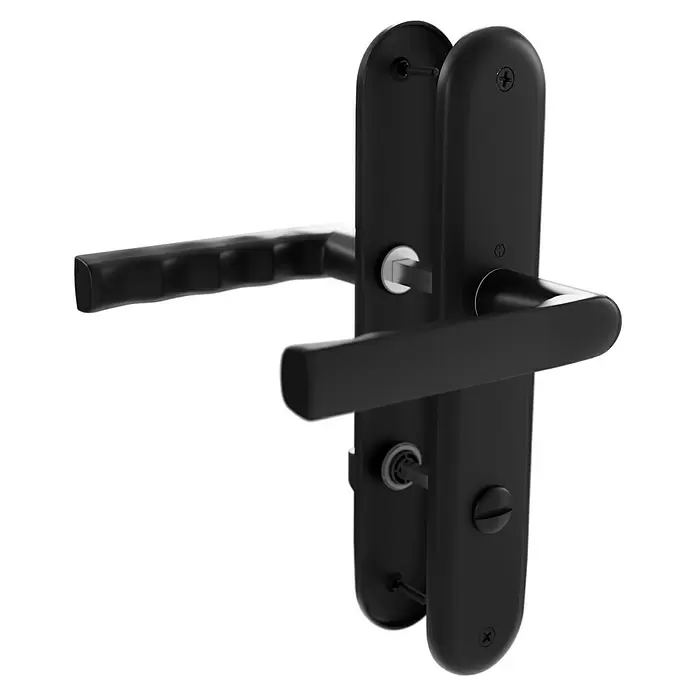 Hoppe Zimmertürgarnitur WC Hamburg - Stärke Tür: 42 mm - 37 mm, Aluminium, Schlitzkopf/Olive - Elegantes schwarzes Türdrückerset mit Innen- und Außengriffen, Schlüssellöchern und Befestigungsdetails.