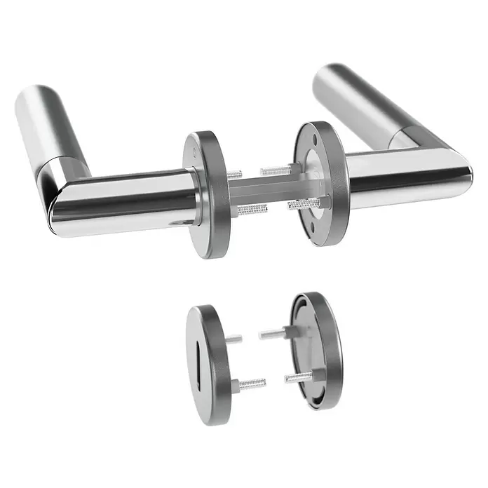 Hoppe Zimmertürgarnitur Lecce - Stärke Tür: 42 mm - 37 mm, Aluminium, Buntbart - Demontiertes Chrom-Türdrücker-Set mit Griffen, zeigt alle Montagekomponenten.
