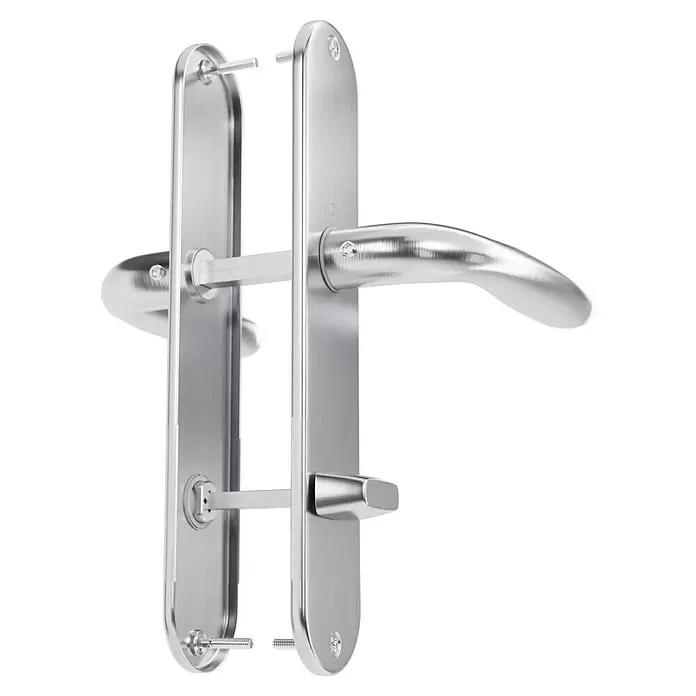 Hoppe Drückergarnitur WC Cardiff - Stärke Tür: 42 mm - 37 mm, Edelstahl, Schlitzkopf/Olive, Form Schild: Oval - Zerlegtes Türgriffset aus gebürstetem Silber mit separaten Platten, Griff, Drehknauf und Verbindungsteilen.
