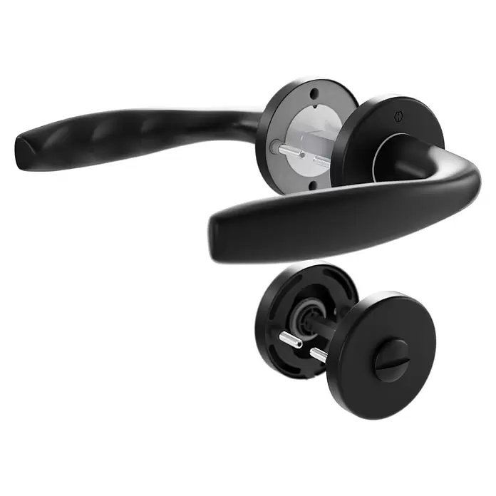Hoppe Zimmertürgarnitur WC New York - Stärke Tür: 42 mm - 37 mm, Aluminium, Schwarz, Schlitzkopf/Olive - Schwarzes Türdrücker-Set, teilweise zerlegt, mit Hebel, Rosetten, freiliegender Spindel und Schrauben.